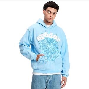 Sp5der Web Hoodie in the "Sky Blue" colorway Rhinestone size large